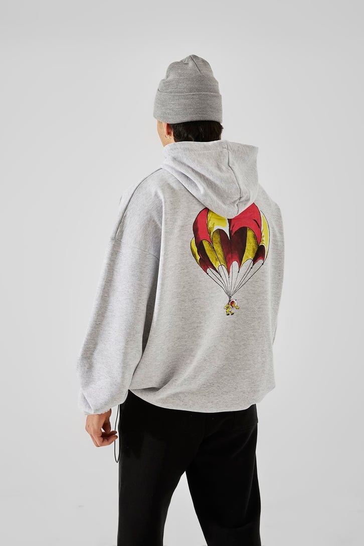 First Space Monkey Baskılı Gri Oversize Hoodie