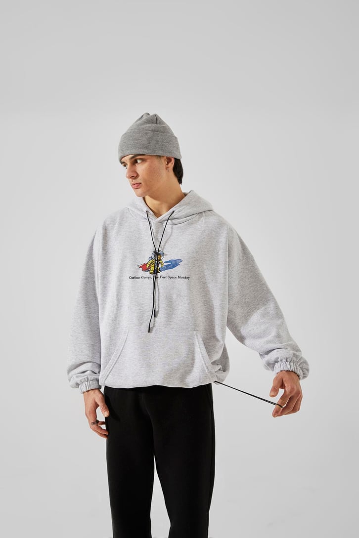 First Space Monkey Baskılı Gri Oversize Hoodie