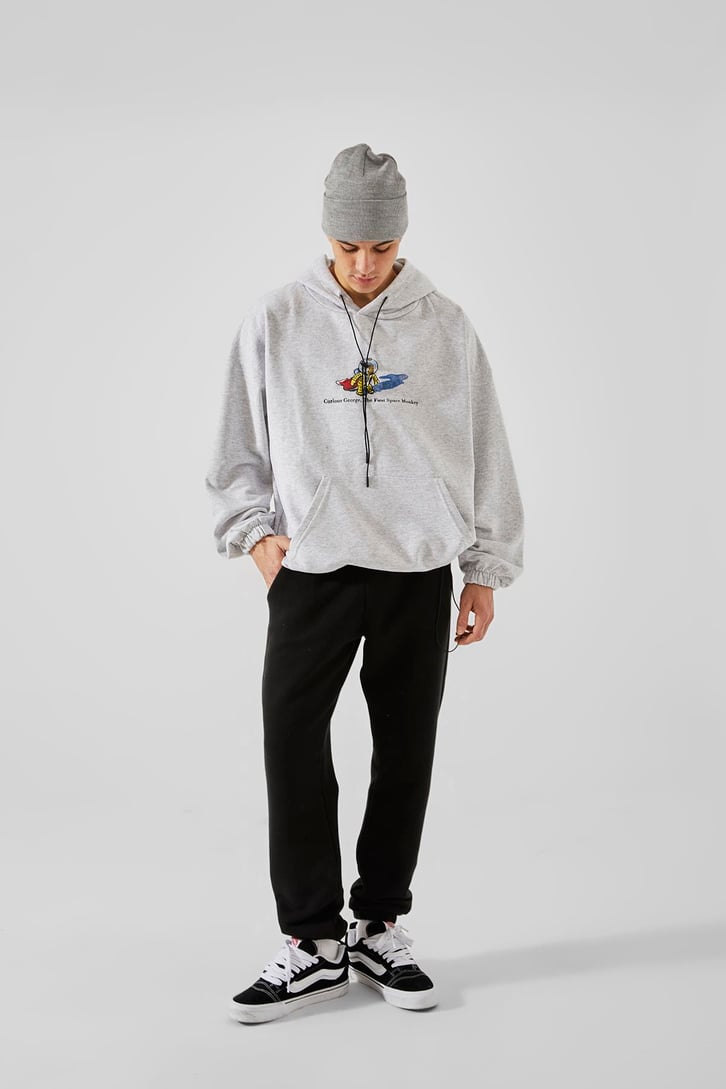 First Space Monkey Baskılı Gri Oversize Hoodie