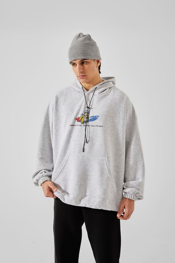 First Space Monkey Baskılı Gri Oversize Hoodie