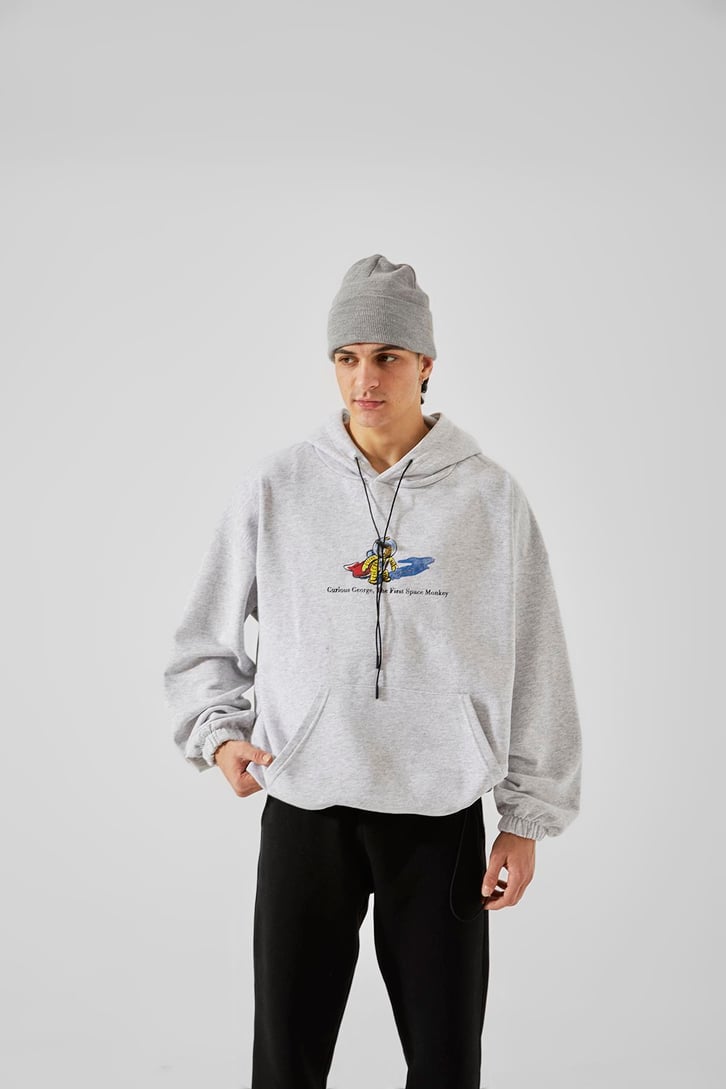 First Space Monkey Baskılı Gri Oversize Hoodie