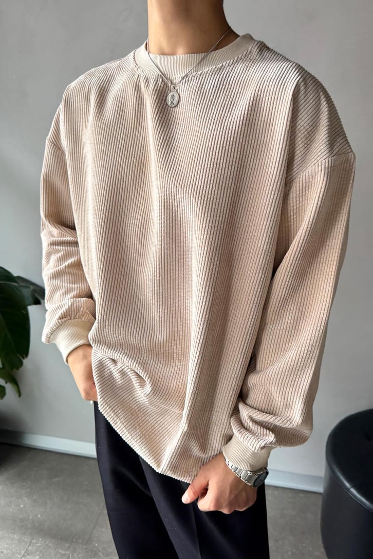 Fitilli Kadife Bisiklet Yaka Sweatshirt