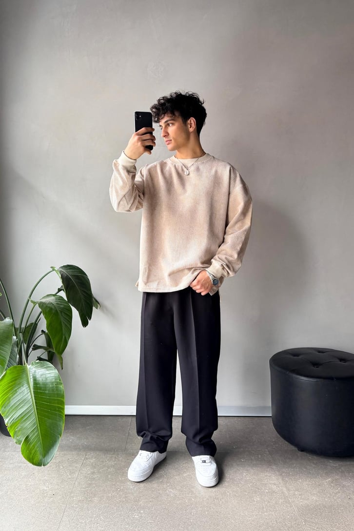 Fitilli Kadife Bisiklet Yaka Sweatshirt