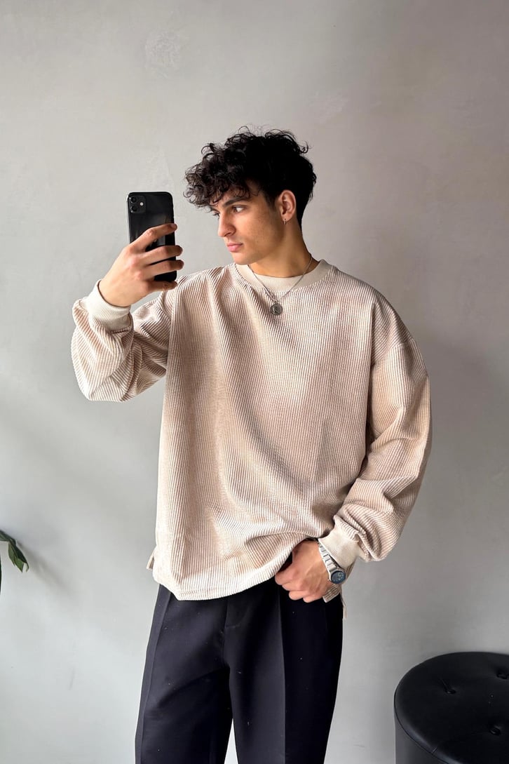 Fitilli Kadife Bisiklet Yaka Sweatshirt
