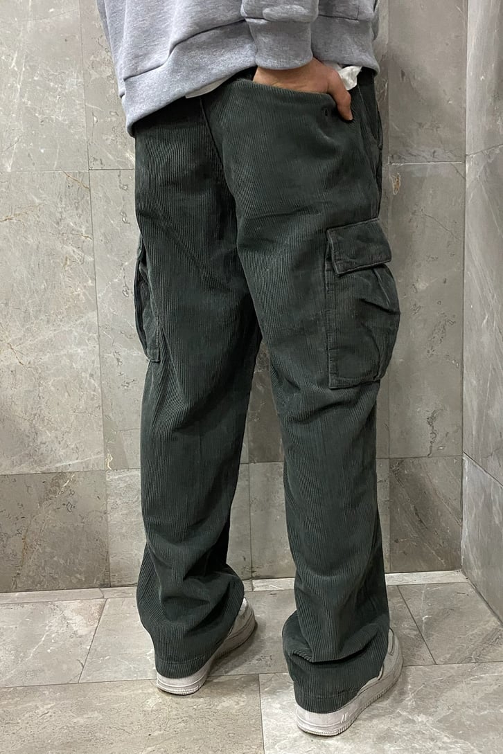 Fitilli Kadife Cargo Pocket Khaki Losse Fit Pant