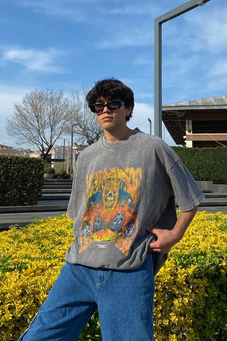 Flame Skull Oversize Washed Tee