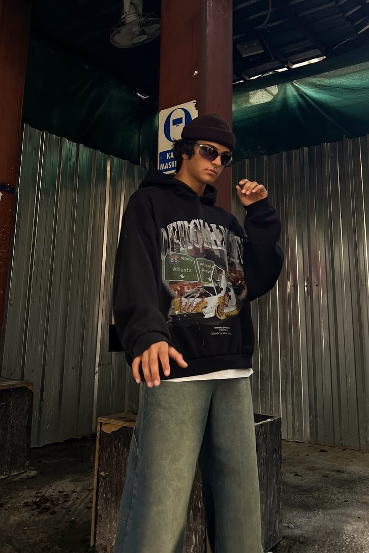 Flames Car Siyah Oversize Sweatshirt