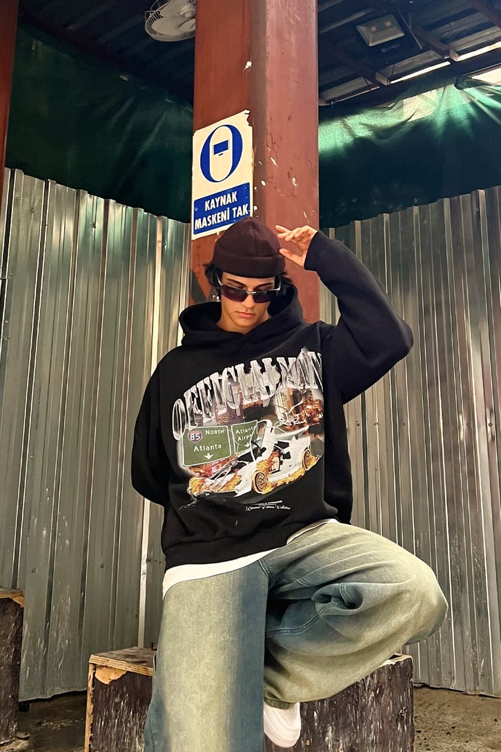 Flames Car Siyah Oversize Sweatshirt