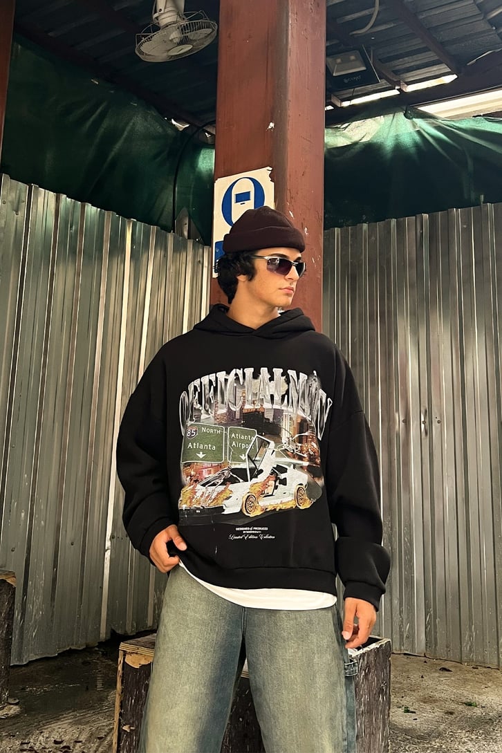 Flames Car Siyah Oversize Sweatshirt