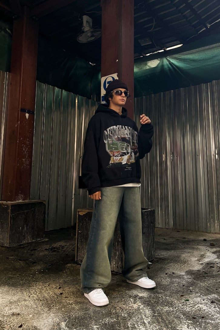 Flames Car Siyah Oversize Sweatshirt