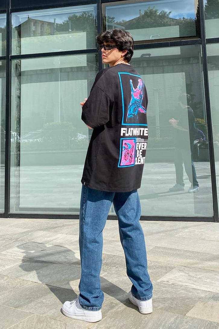 Flat White Butterfly Siyah Oversize Tshirt