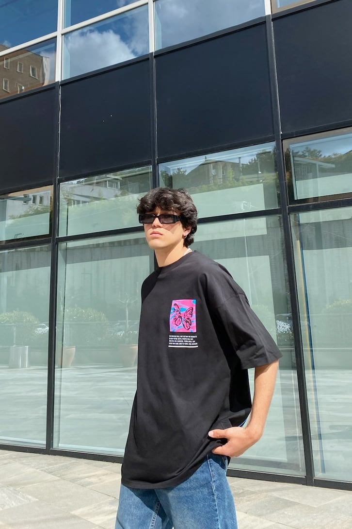 Flat White Butterfly Siyah Oversize Tshirt