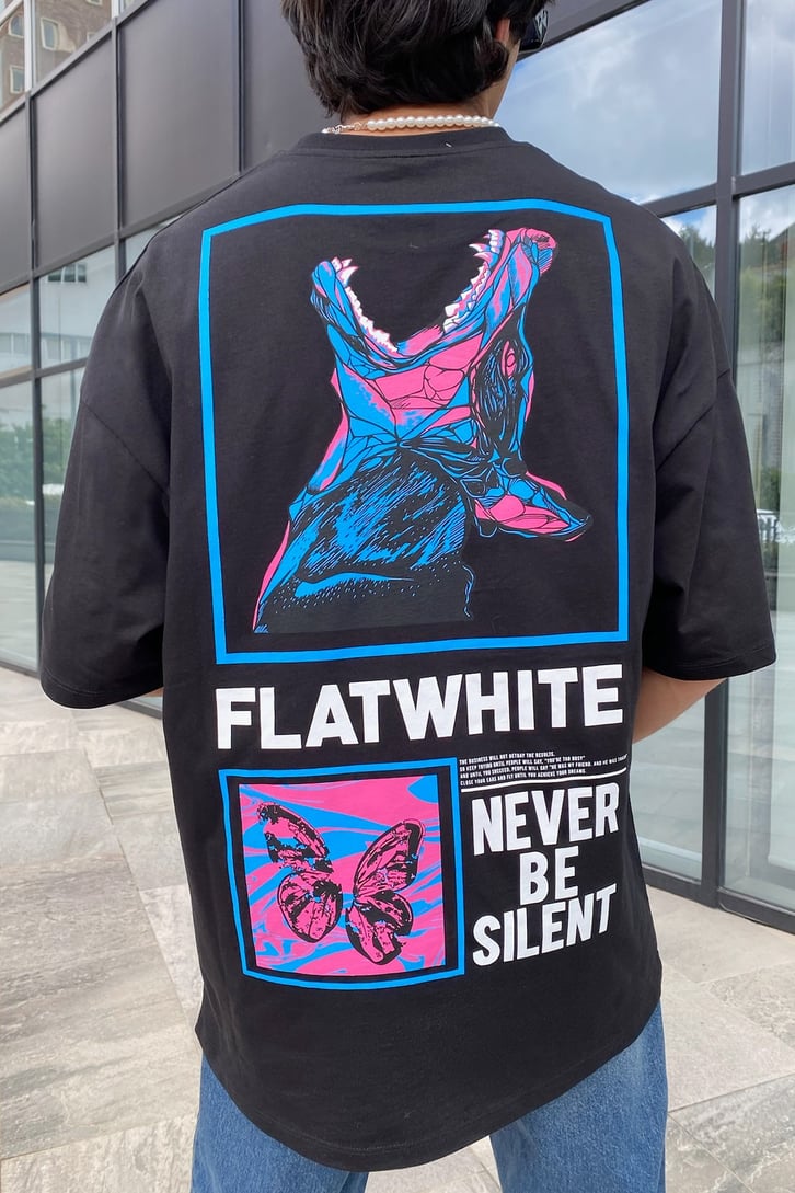 Flat White Butterfly Siyah Oversize Tshirt
