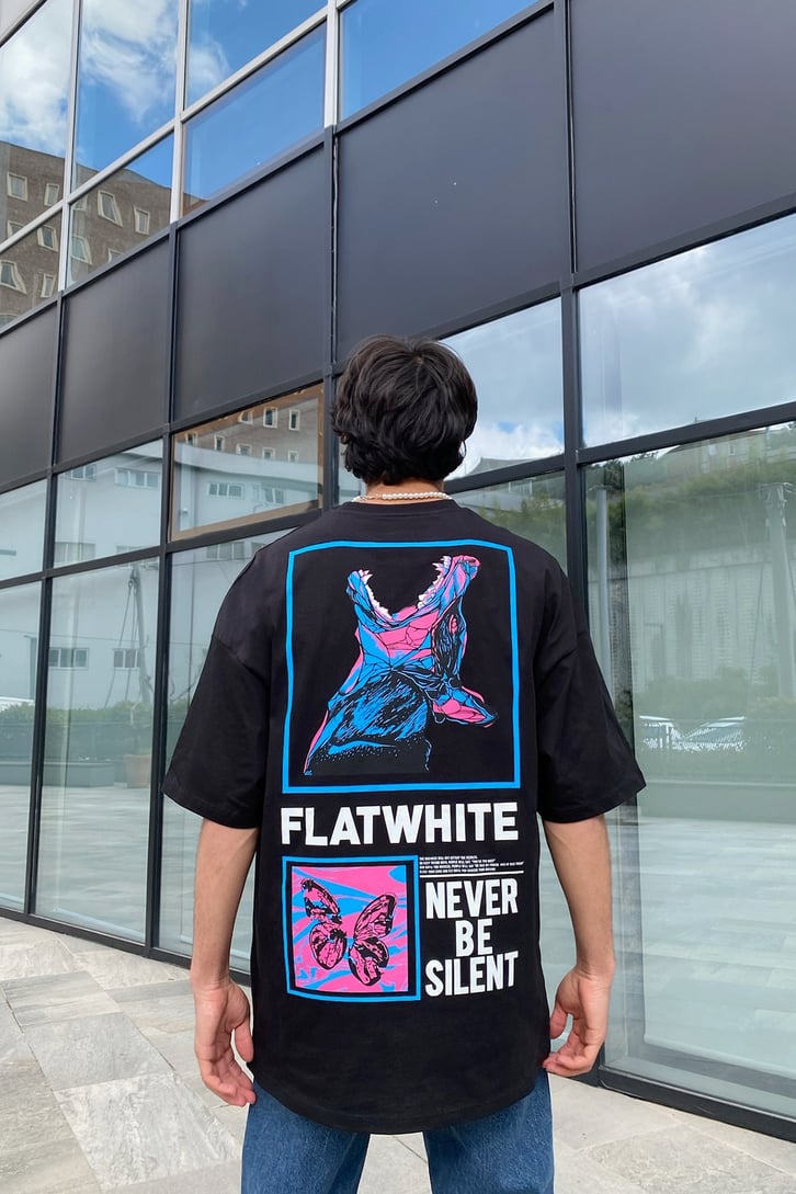 Flat White Butterfly Siyah Oversize Tshirt