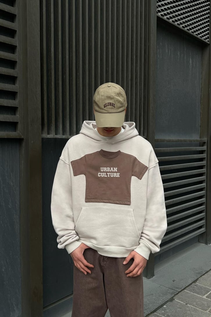 Flaw Atelier 500 GSM Premium Baby Parçalı Bej Oversize Sweatshirt