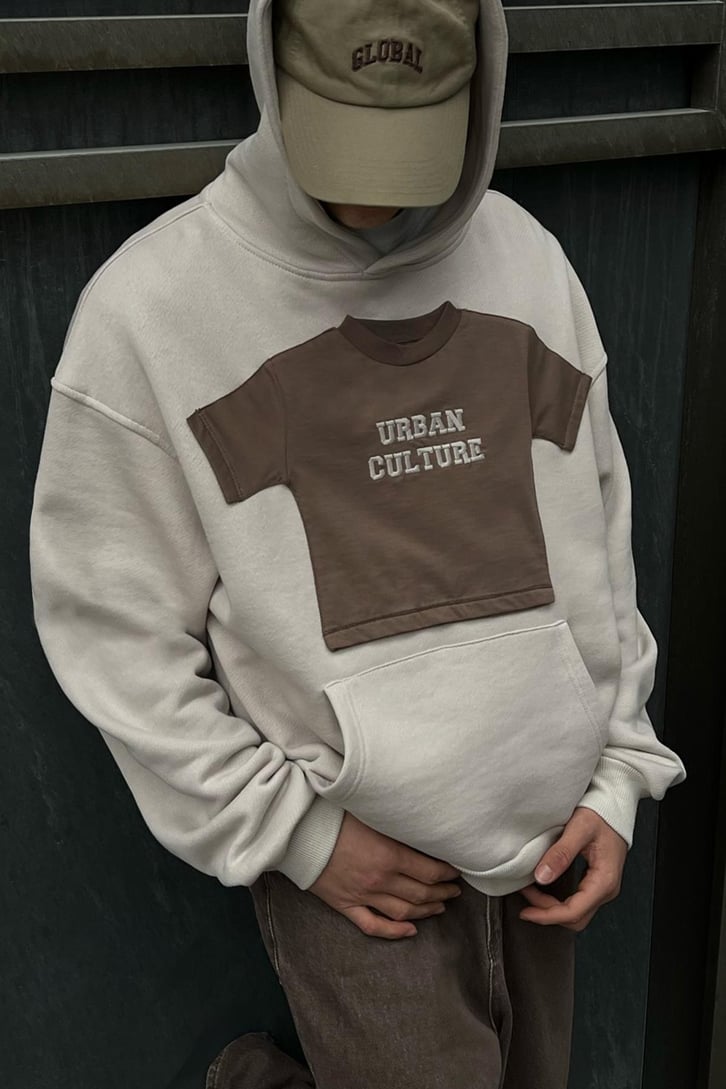 Flaw Atelier 500 GSM Premium Baby Parçalı Bej Oversize Sweatshirt