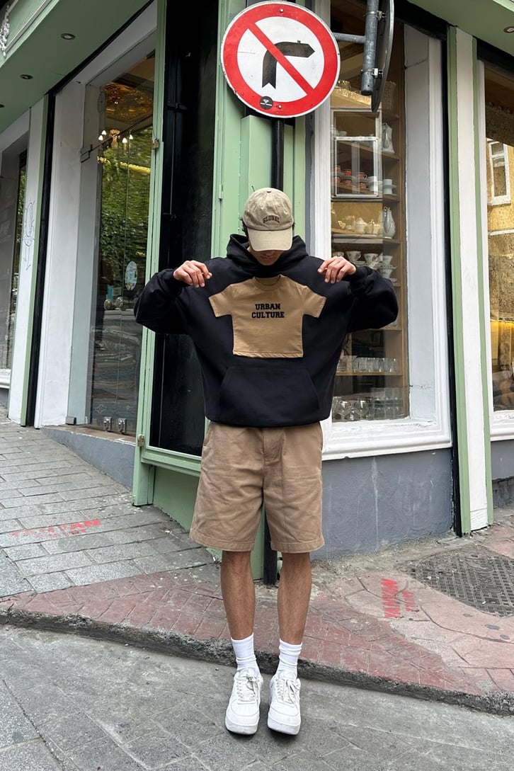Flaw Atelier 500 GSM Premium Baby Parçalı Siyah Oversize Sweatshirt