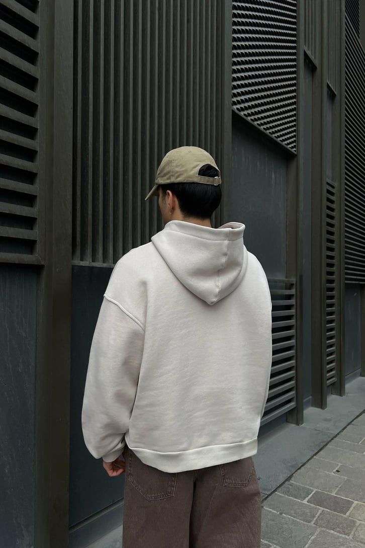 Flaw Atelier 500 GSM Premium Baby Parçalı Bej Oversize Sweatshirt