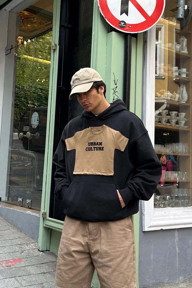 Flaw Atelier 500 GSM Premium Baby Parçalı Siyah Oversize Sweatshirt