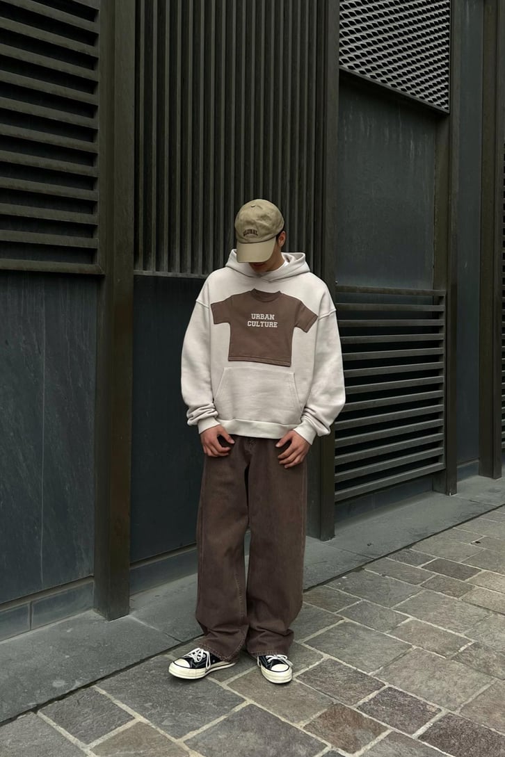 Flaw Atelier 500 GSM Premium Baby Parçalı Bej Oversize Sweatshirt