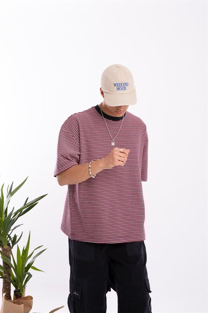 Flaw Atelier Basic Bordo Çizgili Oversize Tshirt