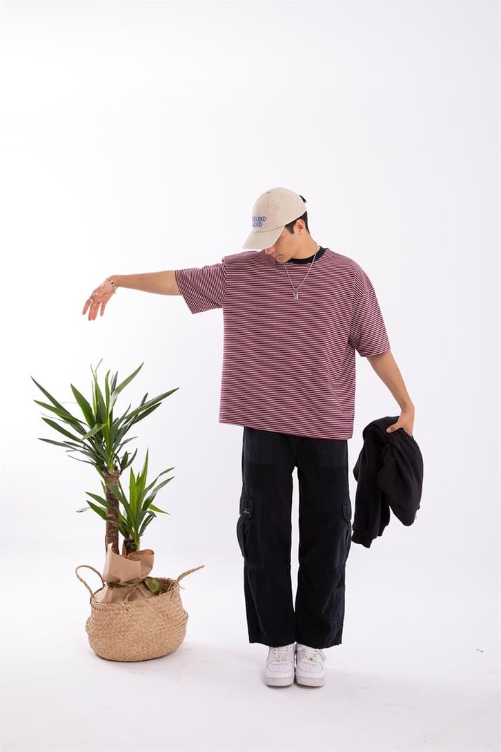 Flaw Atelier Basic Bordo Çizgili Oversize Tshirt