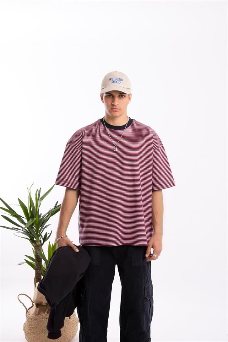 Flaw Atelier Basic Bordo Çizgili Oversize Tshirt