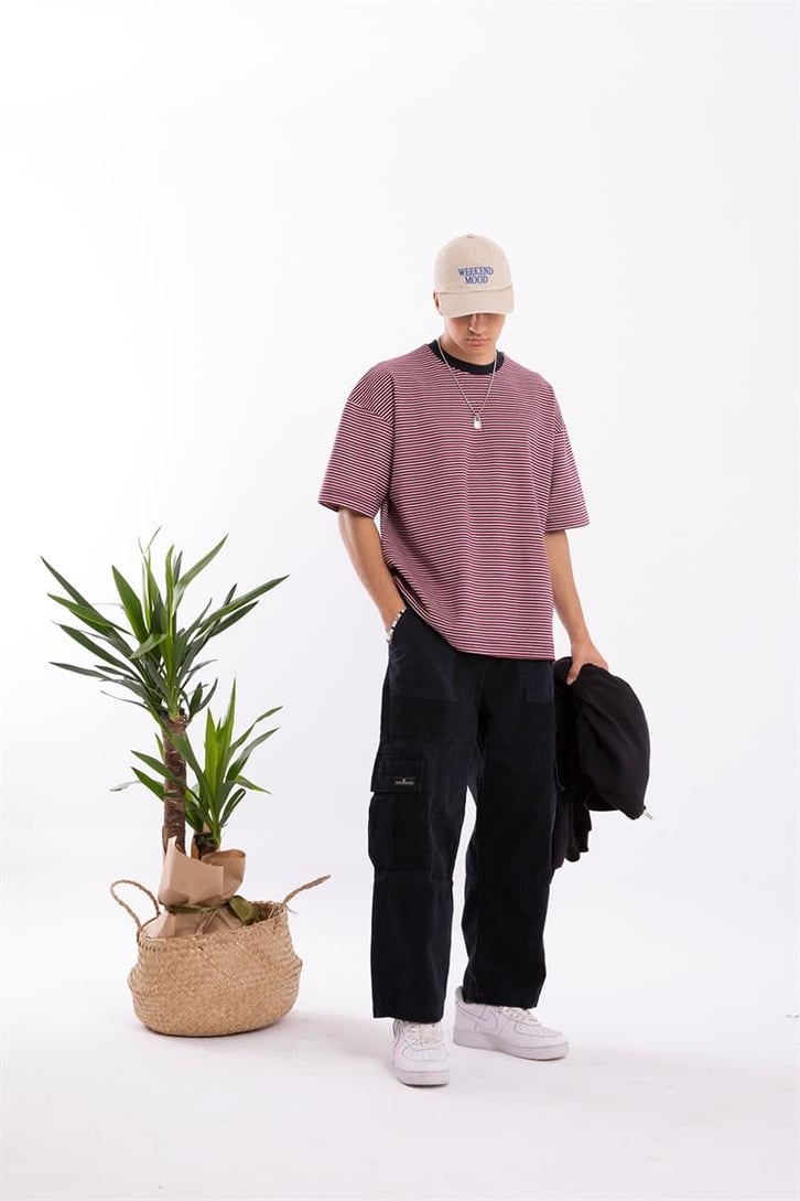 Flaw Atelier Basic Bordo Çizgili Oversize Tshirt