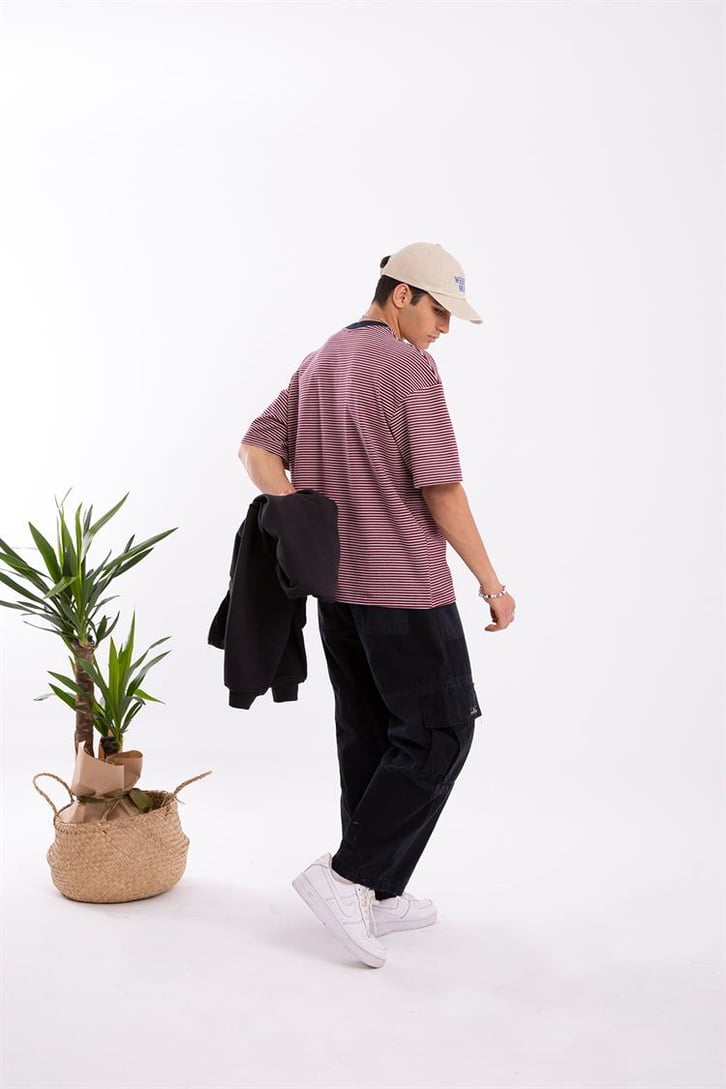 Flaw Atelier Basic Bordo Çizgili Oversize Tshirt