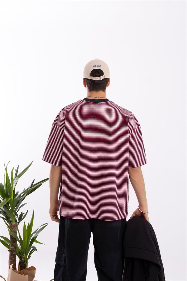 Flaw Atelier Basic Bordo Çizgili Oversize Tshirt