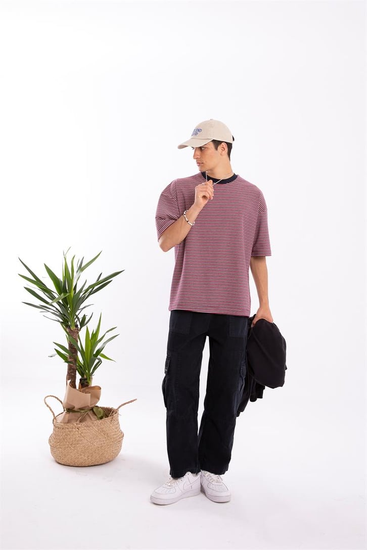 Flaw Atelier Basic Bordo Çizgili Oversize Tshirt