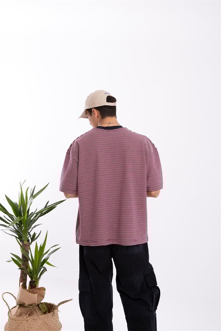 Flaw Atelier Basic Bordo Çizgili Oversize Tshirt
