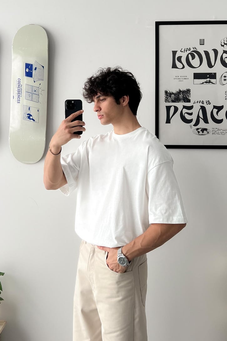 Flaw Atelier Basic Ekru Oversize Tişört