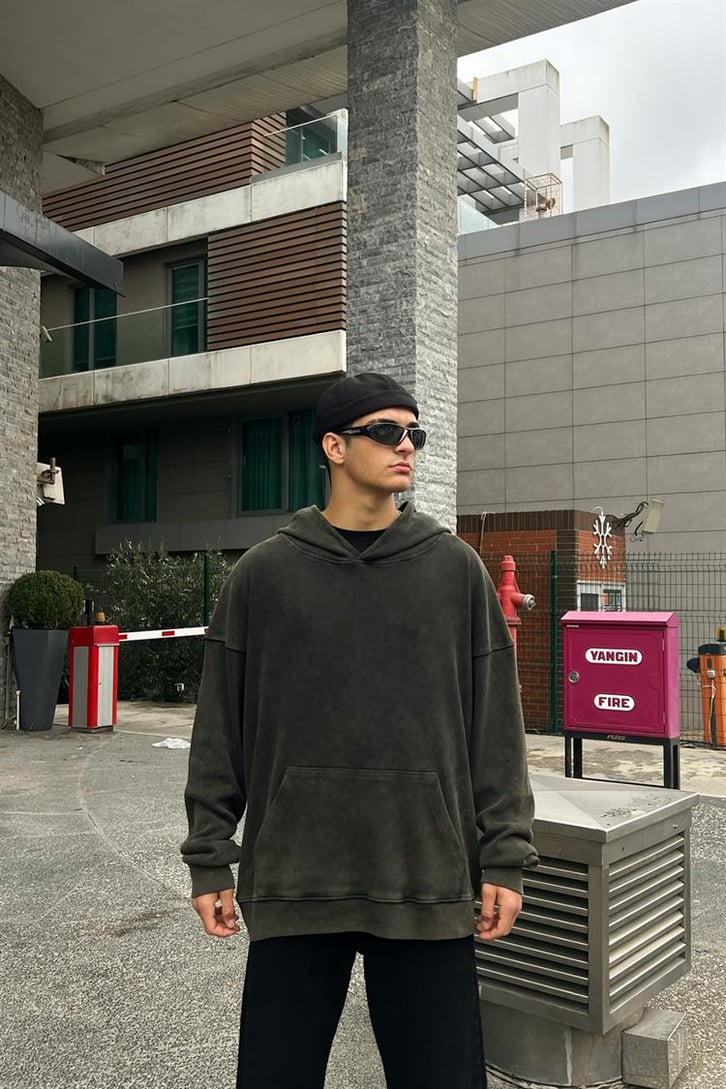 Flaw Atelier Basic Haki İçi Pamuklu Acid Wash Oversize Hoodie