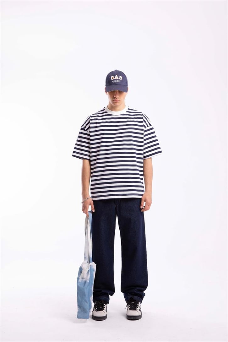 Flaw Atelier Basic Lacivert Çizgili Oversize Tshirt