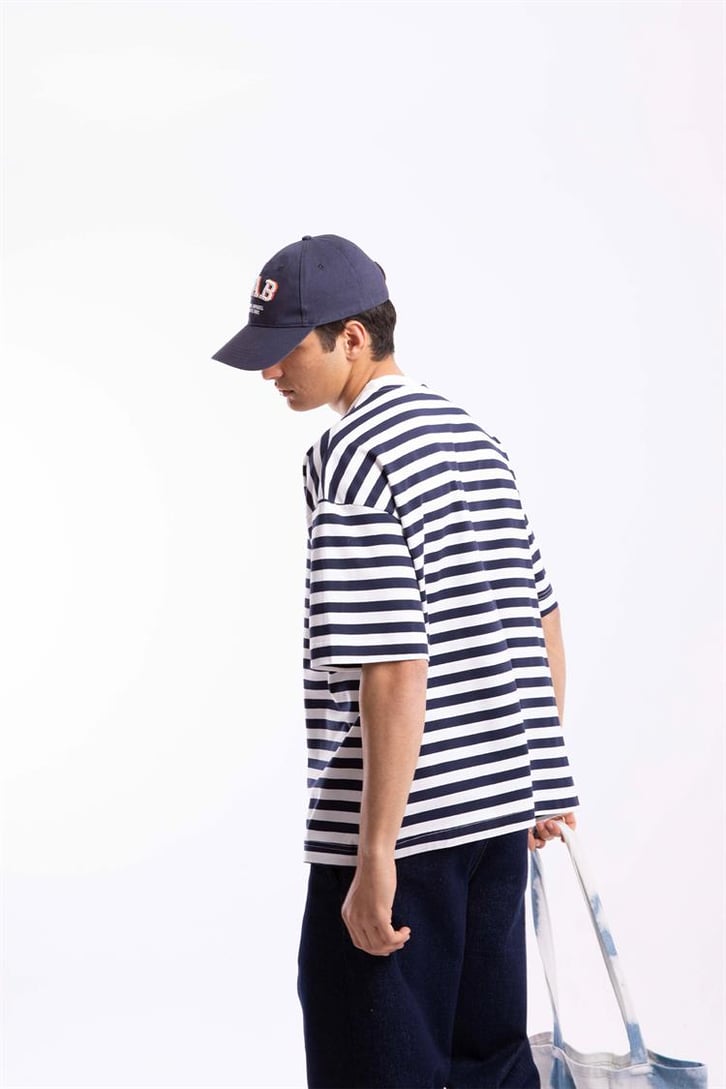 Flaw Atelier Basic Lacivert Çizgili Oversize Tshirt