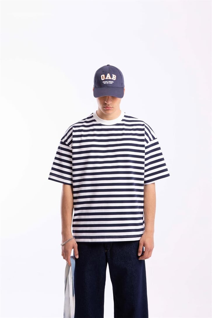 Flaw Atelier Basic Lacivert Çizgili Oversize Tshirt