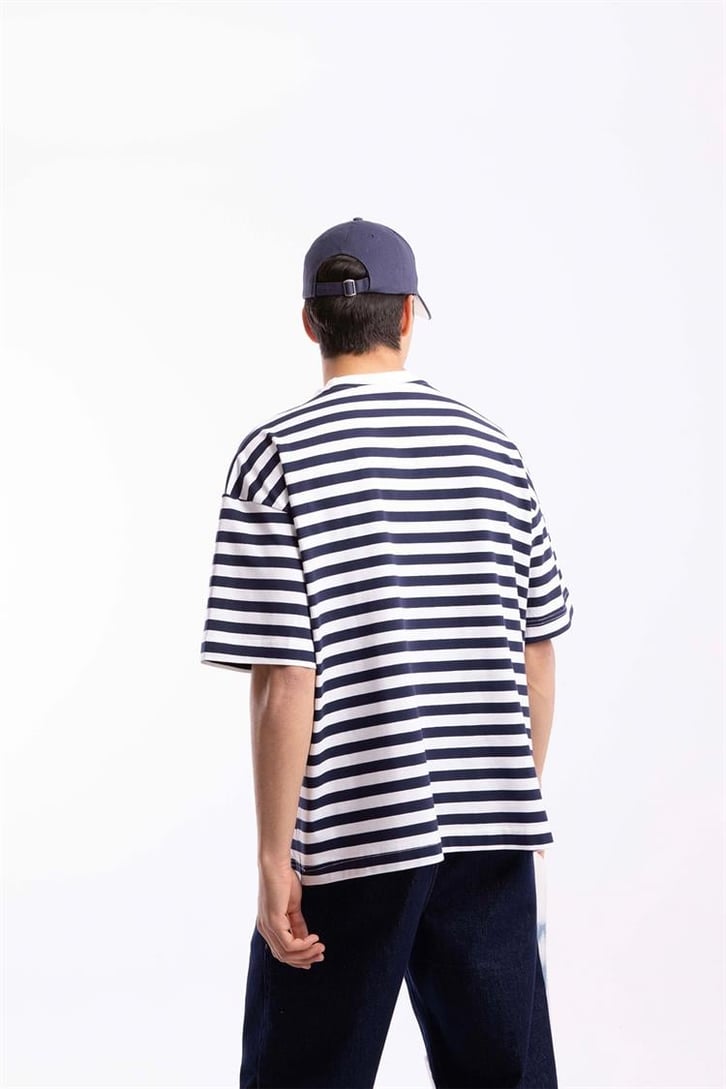 Flaw Atelier Basic Lacivert Çizgili Oversize Tshirt