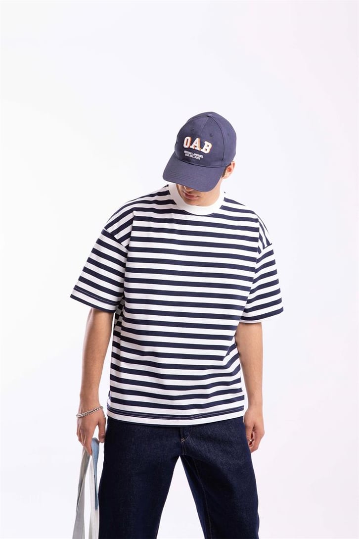 Flaw Atelier Basic Lacivert Çizgili Oversize Tshirt