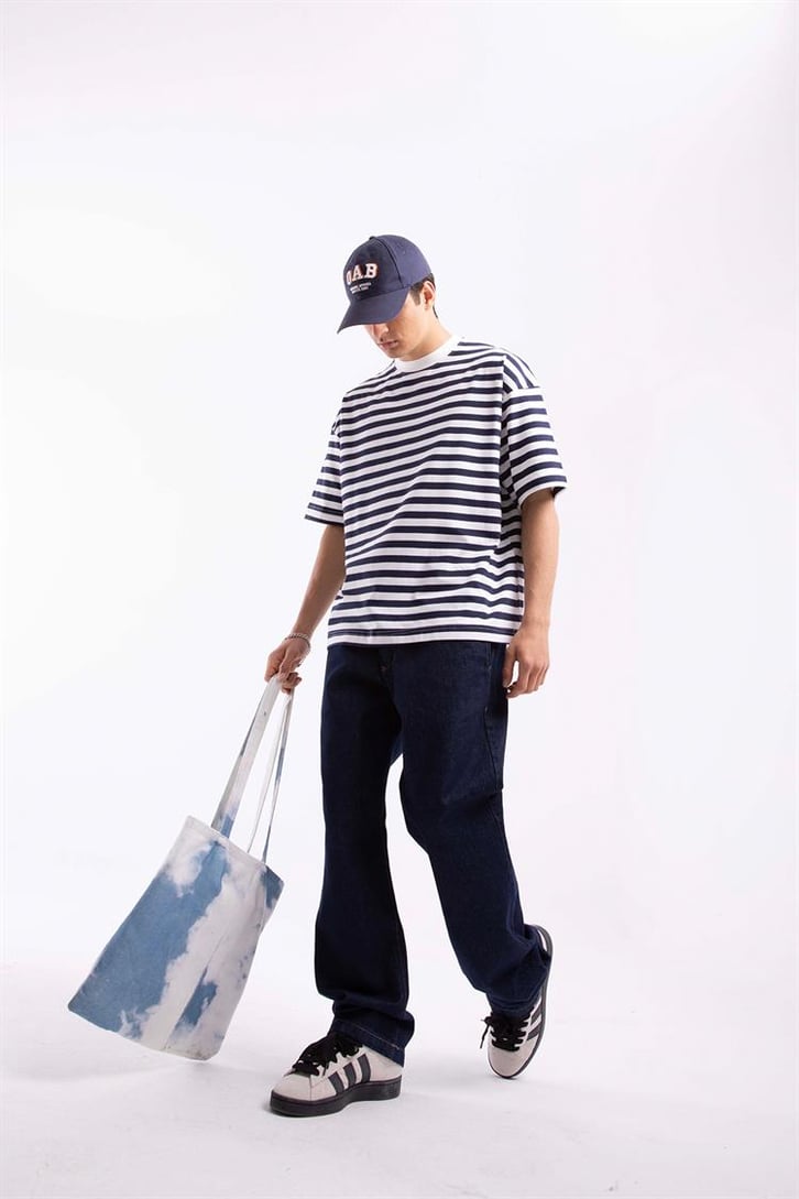 Flaw Atelier Basic Lacivert Çizgili Oversize Tshirt