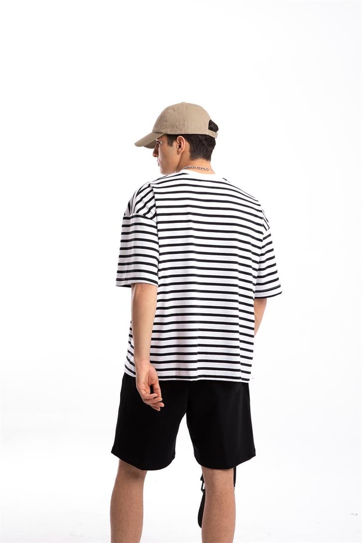 Flaw Atelier Basic Siyah Çizgili Beyaz Oversize Tshirt