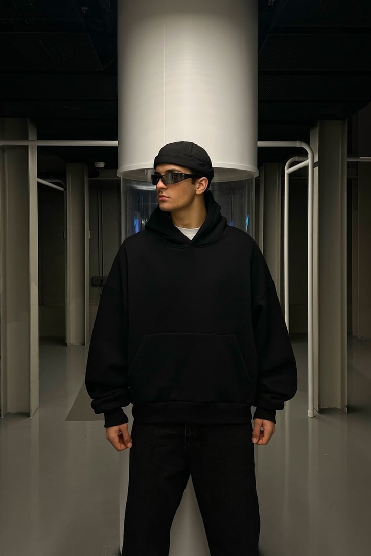Flaw Atelier Basic Siyah İçi Pamuklu Hoodie