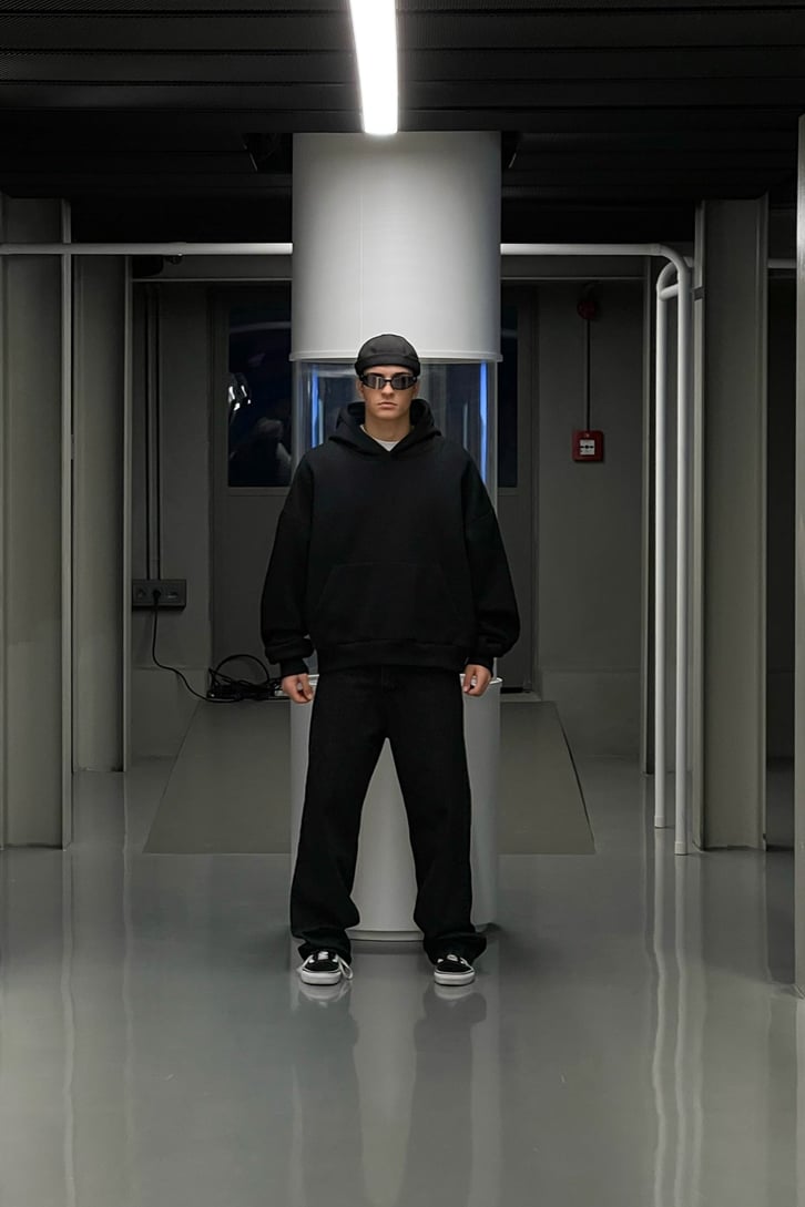 Flaw Atelier Basic Siyah İçi Pamuklu Hoodie
