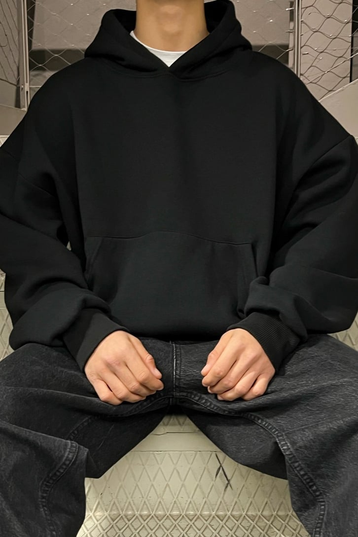 Flaw Atelier Basic Siyah İçi Pamuklu Hoodie