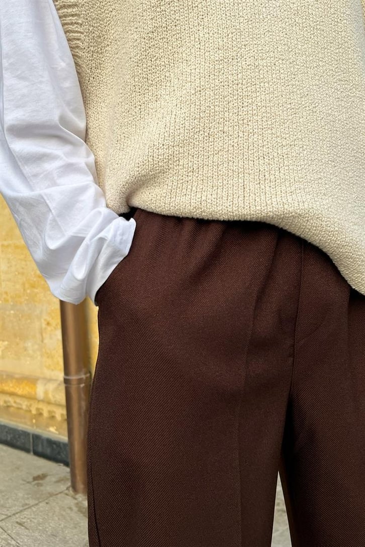 Flaw Atelier Bel Lastikli Kahverengi Kumaş Pantolon