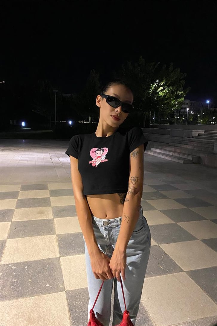 Flaw Atelier Belly Heart Baskılı Siyah Crop