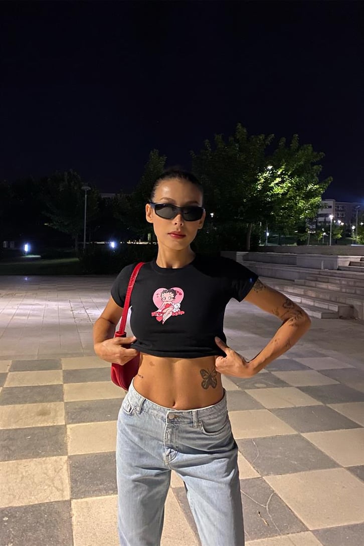 Flaw Atelier Belly Heart Baskılı Siyah Crop
