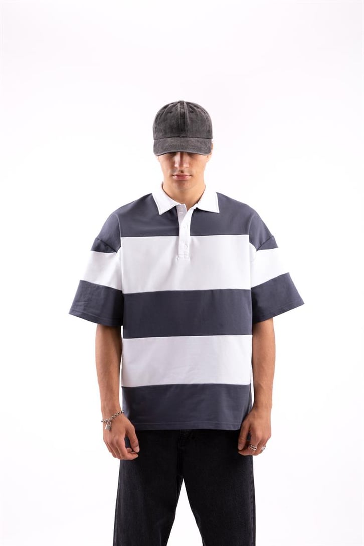 Flaw Atelier Çizgili Füme Polo Yaka Tshirt