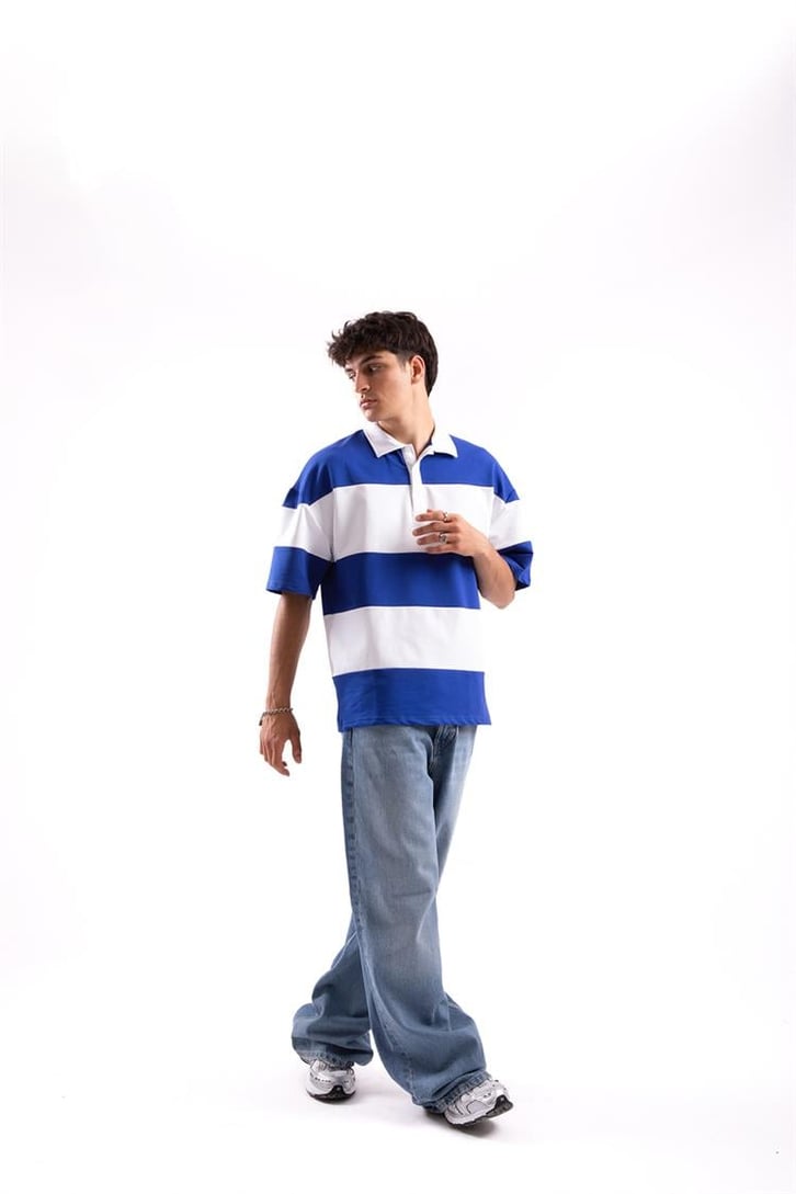 Flaw Atelier Çizgili Saks Mavisi Polo Yaka Tshirt