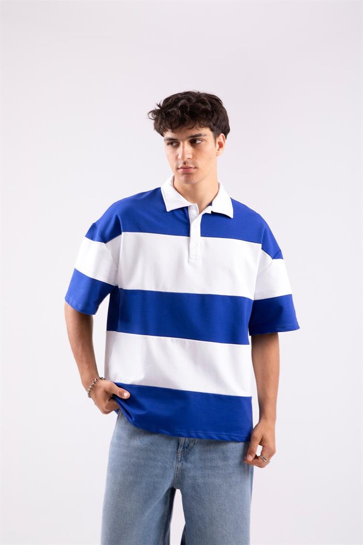 Flaw Atelier Çizgili Saks Mavisi Polo Yaka Tshirt